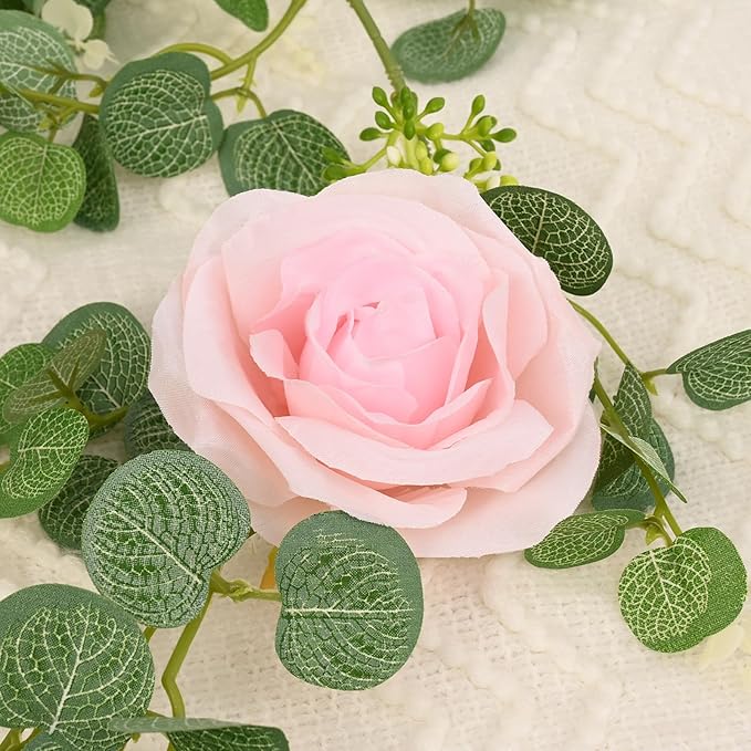 Dolicer 2Pcs 13Ft Artificial Eucalyptus Garlands with Flowers - 8 Roses, Faux Floral Greenery Garlands Fake Flowers Vines for Wedding Table Centerpieces Arch Party Ceremony Backdrop Decor (Pink)