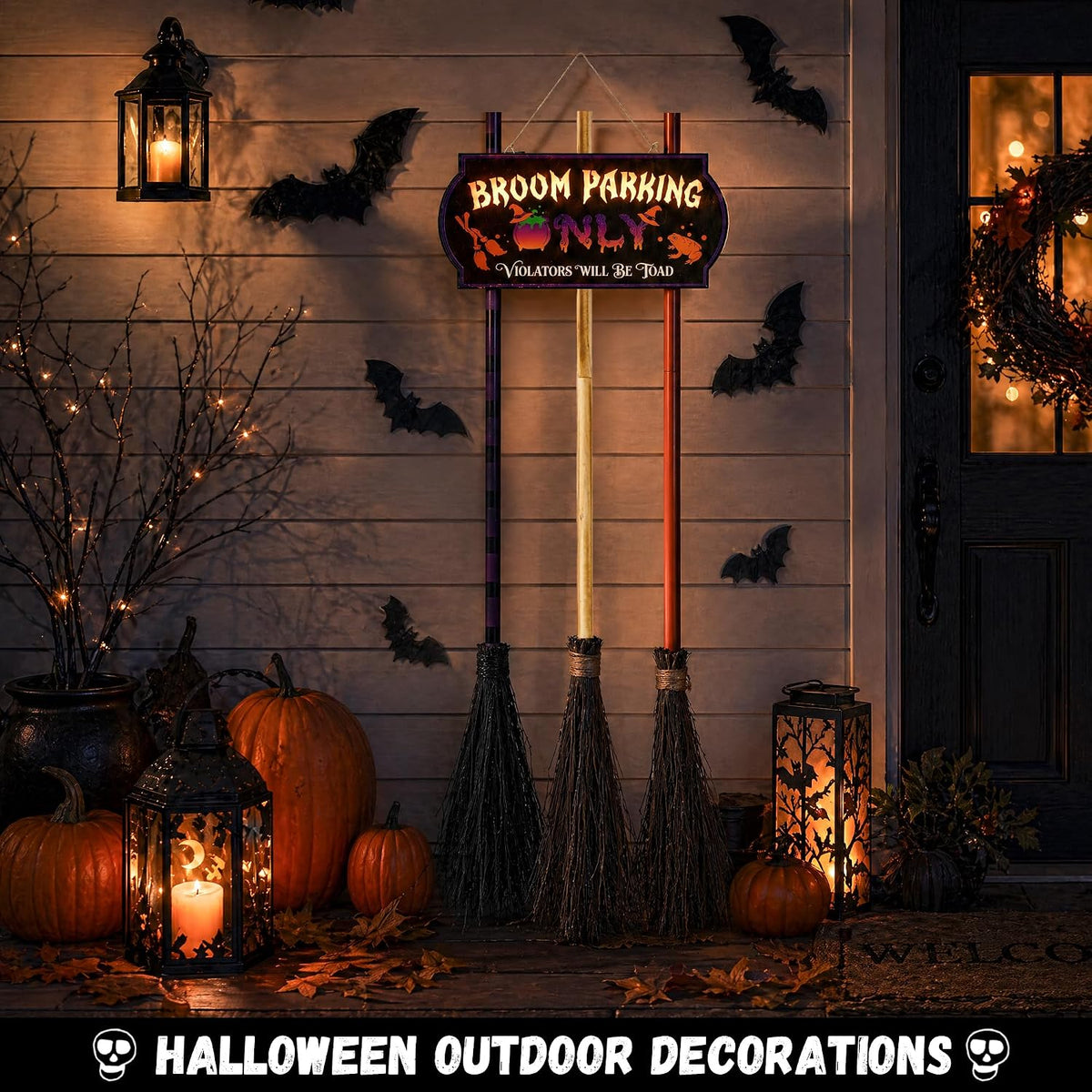ELAMAS Halloween Decorations Light-up Broom Parking Only Sign with 3 Witch Br...