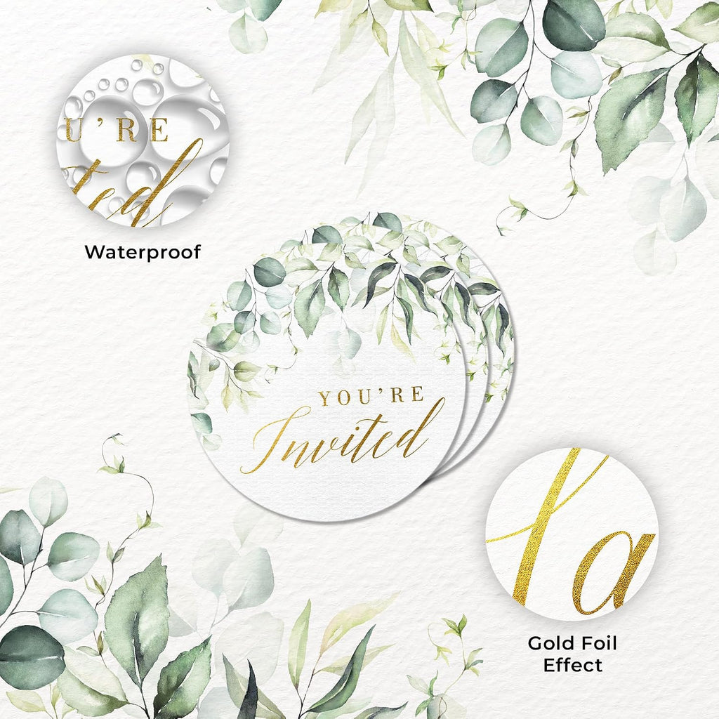 Mobiusea Creation Greenery Wedding Invitation Stickers | 1.4 inch | Gold Foil | 108pcs Waterproof Envelope Stickers for Bridal Shower, Birthday, Baby Shower and Party