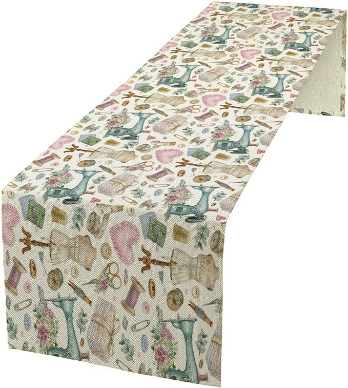 Sewing Theme Table Runner,Vintage Sewing Machine Tool Watercolor Pattern Print Tablecloth Burlap for Hotel Indoors Outdoor Dining Room Kitchen Home Decor,W13X L36 in