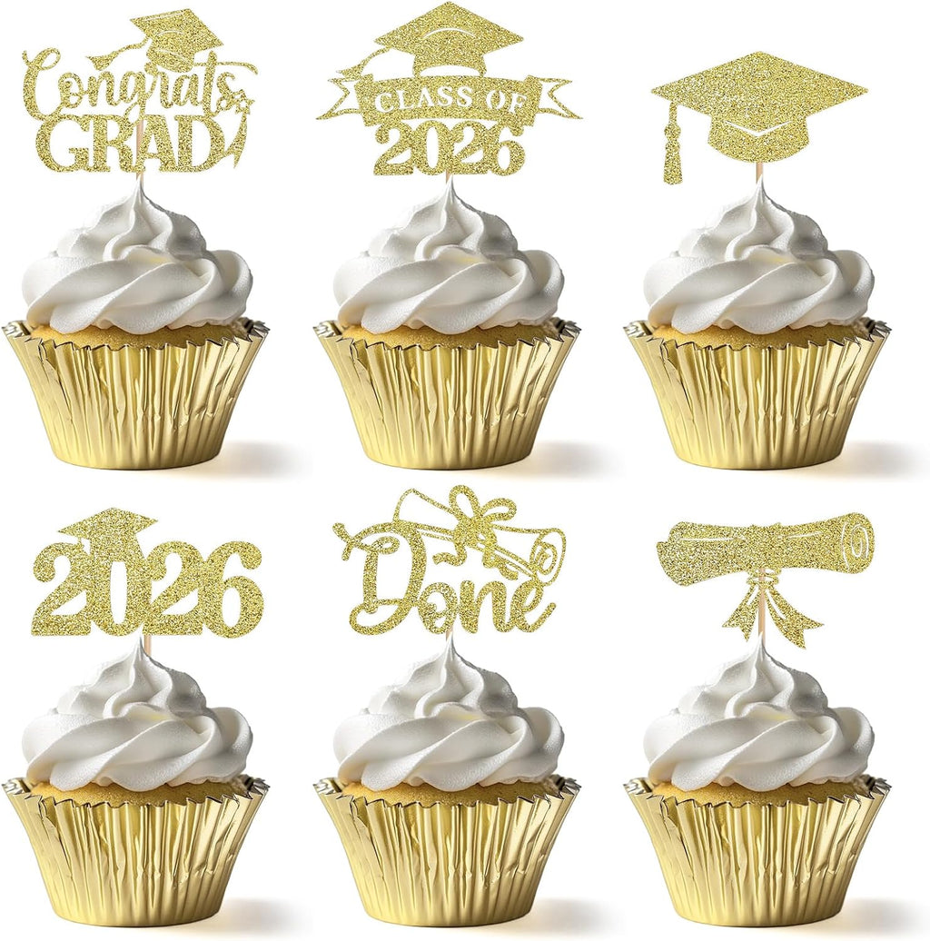 WILDREEDS 48Pcs 2026 Graduation Cupcake Toppers Class of 2026 Cupcake Picks Grad Cap Diploma Cake Decorations for 2026 Graduation Theme Party Cake Decorations Supplies-Gold