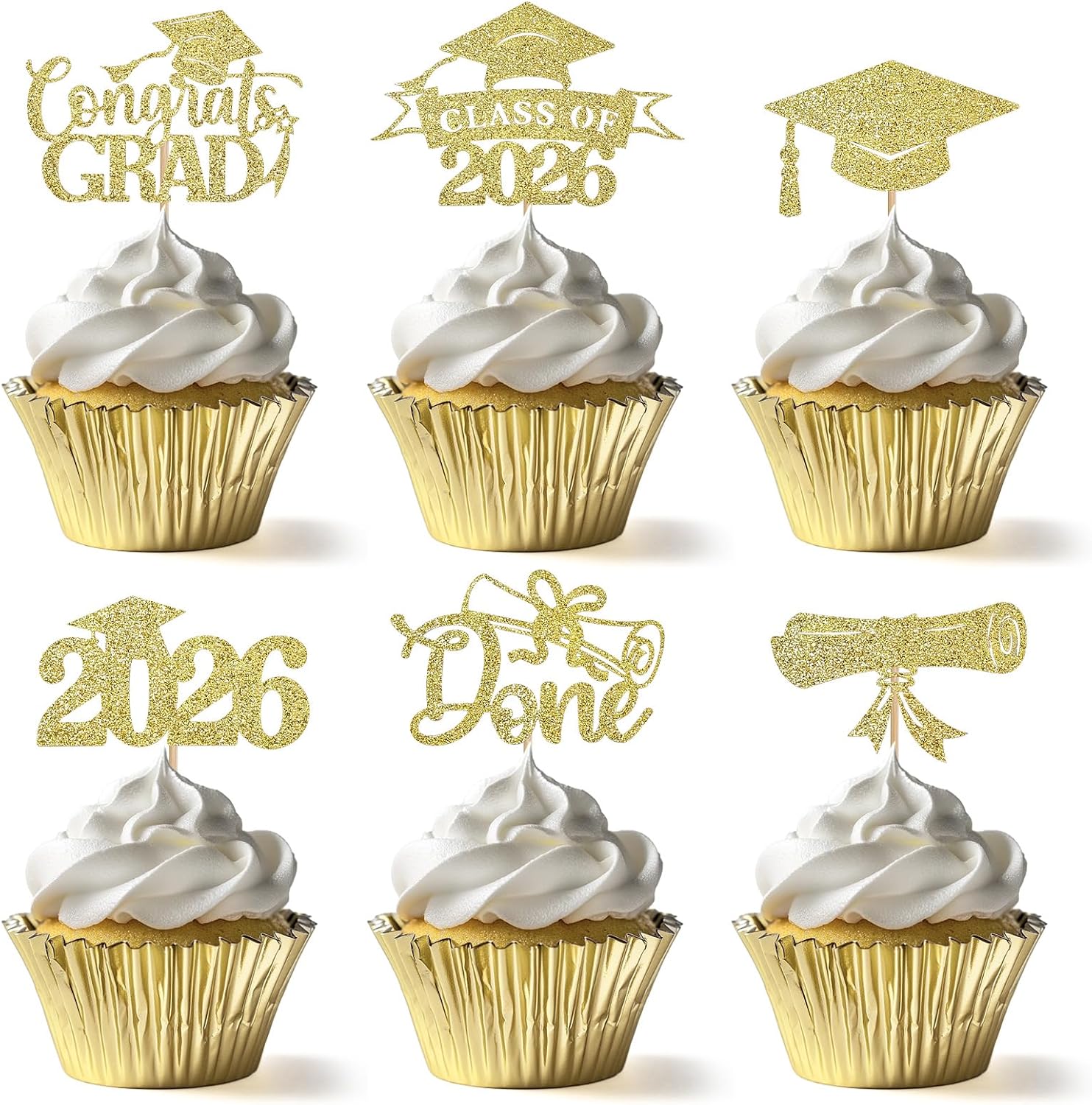 WILDREEDS 48Pcs 2026 Graduation Cupcake Toppers Class of 2026 Cupcake Picks Grad Cap Diploma Cake Decorations for 2026 Graduation Theme Party Cake Decorations Supplies-Gold