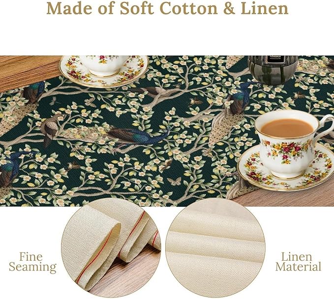 Peacock Table Runner,Retro Floral Plants Peacock Table Runner for Home Kitchen Dining Party Indoor Outdoor Decoration 13x60 Inch