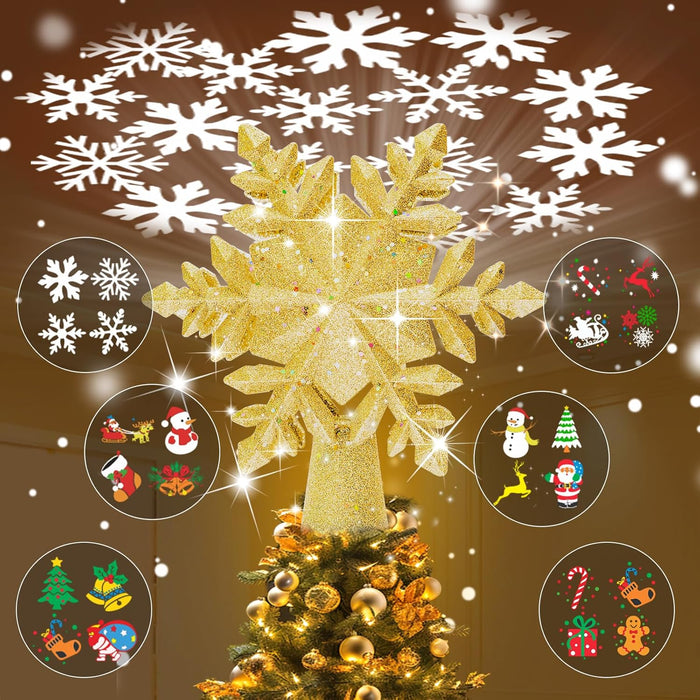 Christmas Tree Toppers Lighted with 6 Projection Modes, Christmas Snowflake Tree Topper with Built-in LED Rotating Lights, Gold 3D Glitter Projection for Xmas Party Holiday Decorations