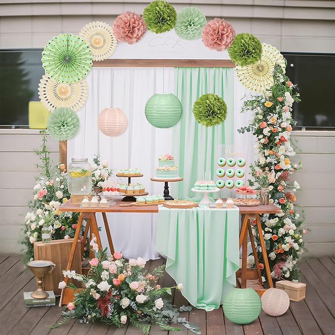 15Pcs Sage Green Party Decorations, Hanging Paper Lanterns Paper Fans Tissue Flower Pom Poms for Women Girls Birthday Wedding Bridal Baby Shower Green and Pink Party Decorations