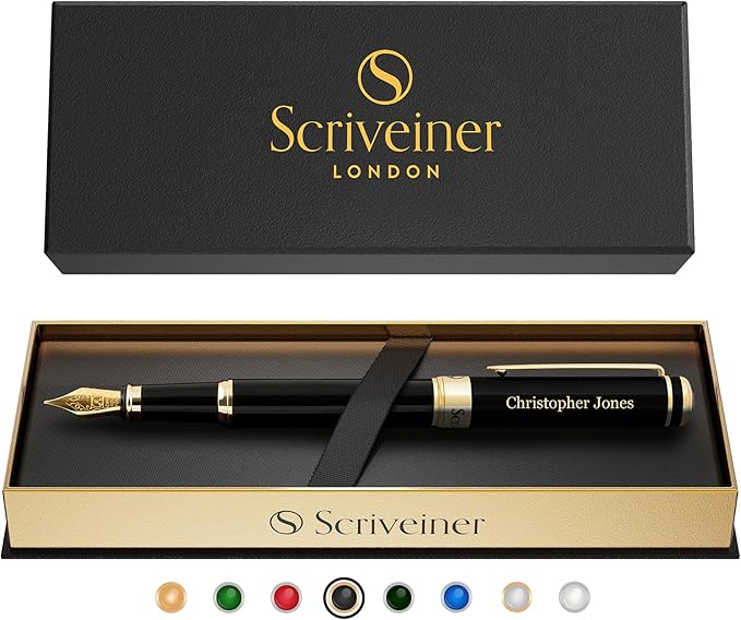 Scriveiner Personalized Black Fountain Pen - Stunning Luxury Pen, Jet Black Lacquer, Real Gold Plating, German Schmidt Nib (Medium), Best Engraved Gift Set for Men & Women, Name Engraving