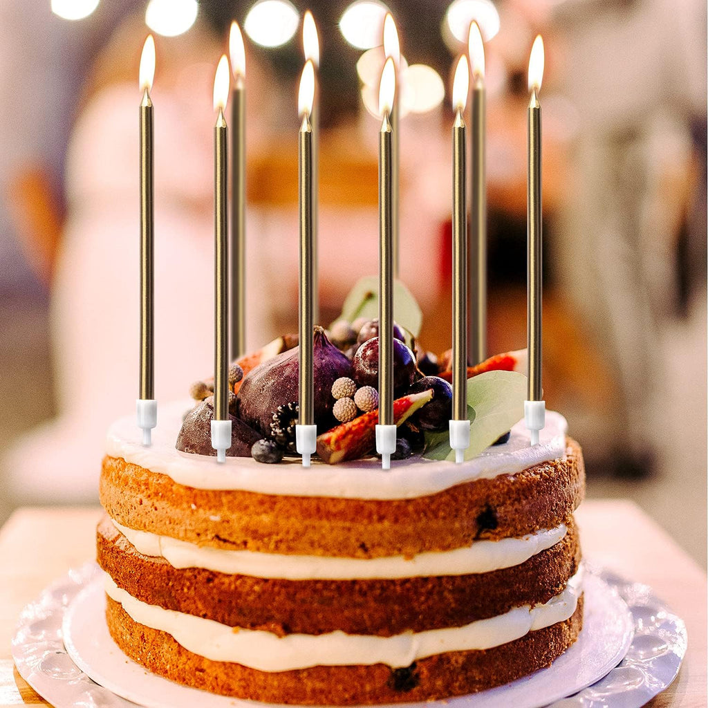Luter 24Pcs Metallic Birthday Candles in Holders Tall Birthday Cake Candles Long Thin Cupcake Candles for Birthday Wedding Party Decoration(Champagne Gold)