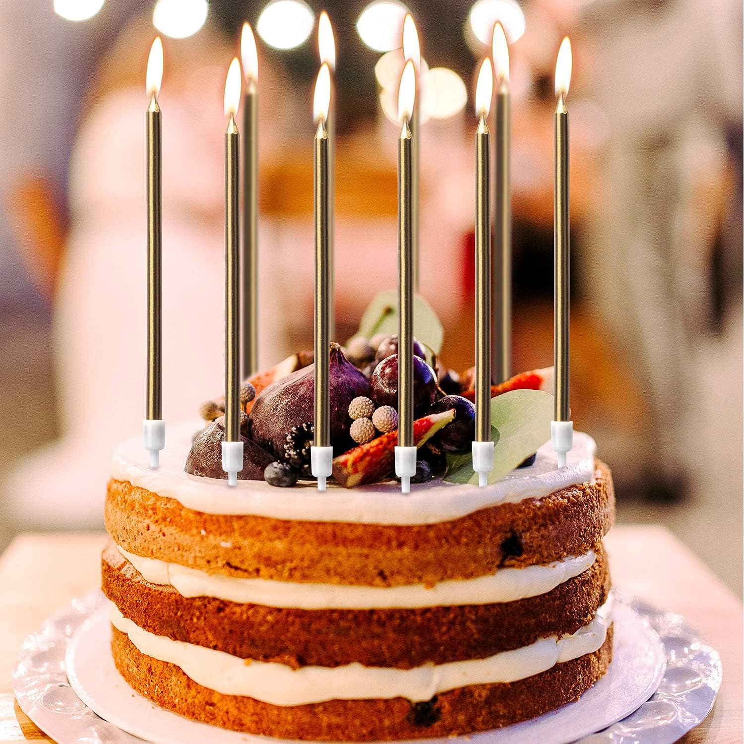 Luter 24Pcs Metallic Birthday Candles in Holders Tall Birthday Cake Candles Long Thin Cupcake Candles for Birthday Wedding Party Decoration(Champagne Gold)