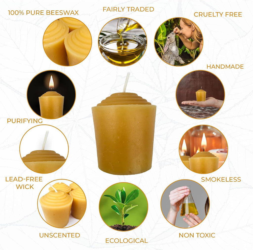 100% Pure Beeswax Votive Candles - USA-Sourced Handmade Votives for Home, Christmas, and Advent, Smokeless Unscented 12 Candle Set with Natural Honey Aroma, 1.96 x 1.77 Inches, by BeeTheLight