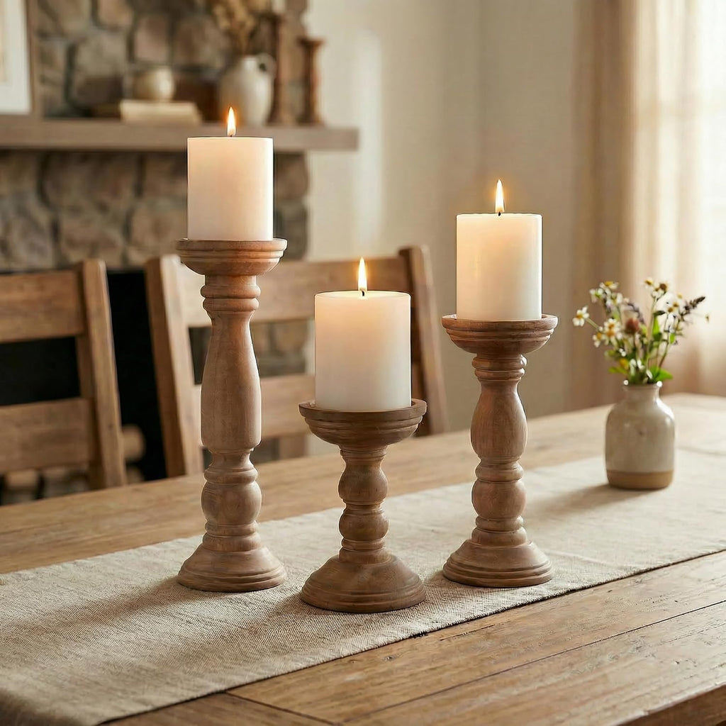BANOMII Farmhouse Wooden Candle Holders for Pillar Candles Set of 3, Rustic Wood Candle Holder Table Centerpiece Decor, 12'' 9'' 6'' Vintage Tall Candle Stand Decorative, Brown
