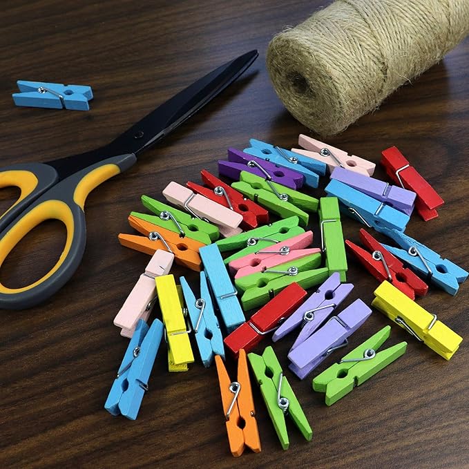 Mini Wooden Clothespins With Jute Twine, 100pcs, 1.4 Inch Photo Paper Peg Pin Craft Clips With 320ft Twine for Scrapbooking, Arts & Crafts, Hanging Photos (Natural Color)