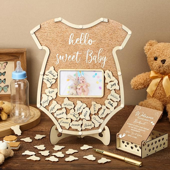 Wenqik 63 Pcs Bodysuit Baby Shower Guest Book Alternatives Set Baby Shower Decorations with Photo Frame Sonogram Frame Keepsake 60 Wood Slices Guest Book for Birthday