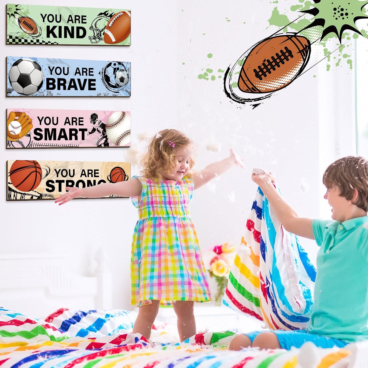Geetery 4 Pcs Sport Bedroom Wall Decor Boys Room Decor for Kids Soccer Basketball Baseball Football Wall Art Inspirational Wooden Hanging Sign for Boys Girls Kids Nursery Playroom Kindergarten