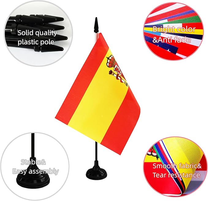 Spain Desk Flag, 12 Pack Spanish Table Office Flag with Black Solid Pole and Stand Base, International Country Flag, Festival Celebration, Classroom Meeting Desktop Decor (Spain)
