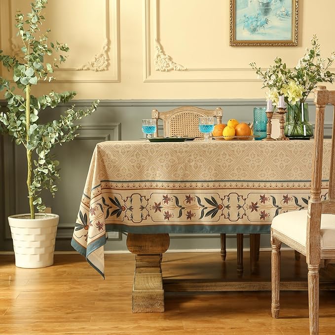 patdrea Designer Beige French Linen Small Tablecloth for Square Table,Anti-Wrinkle Durable Floral Table Cloth,Decor Cover for Kitchen Dining,Tea Party,Christmas,Thanksgiving,55"x55"-Fram