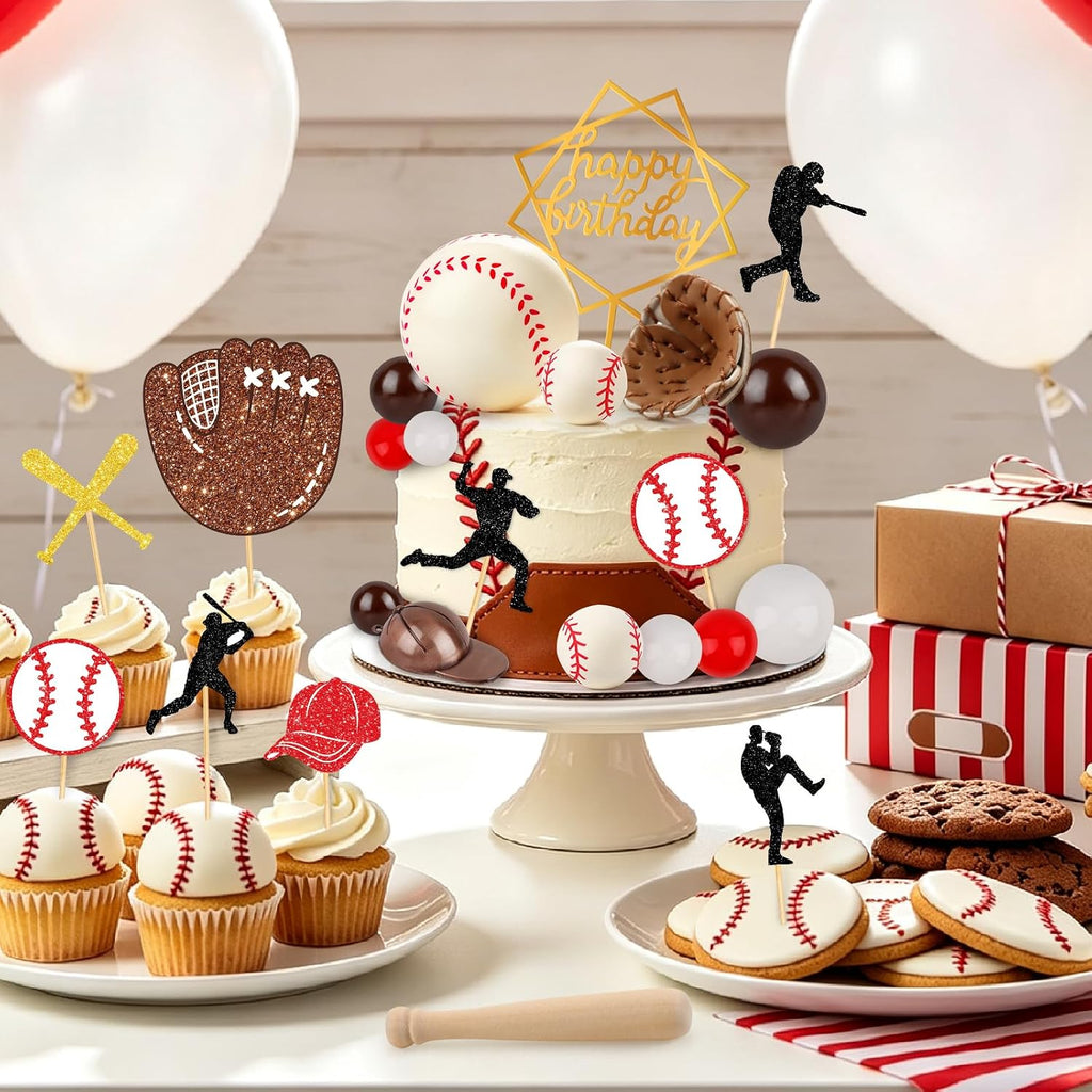 Hooqict 25Pcs Baseball Cake Decorations Set with Mini Balls, Player, Caps, Gloves, Bats, Baseball Birthday Cake Toppers & Cupcake Toppers for Kids Boys Sports Themed Birthday Party Decorations