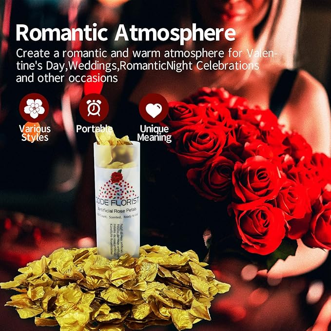 CODE FLORIST 1100 PCS Silk Rose Petals for Valentine's Day,Fake Rose Petals for Romantic Night,Wedding,Proposal Anniversary Flower Decorations(Separated,Scented,Gold)