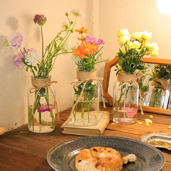 Set of 6 Vintage Glass Vases for Flowers Farmhouse Clear Glass Vases for Centerpieces Small Flower Vases with Twine Ties for Wedding, Parties & Home Decor
