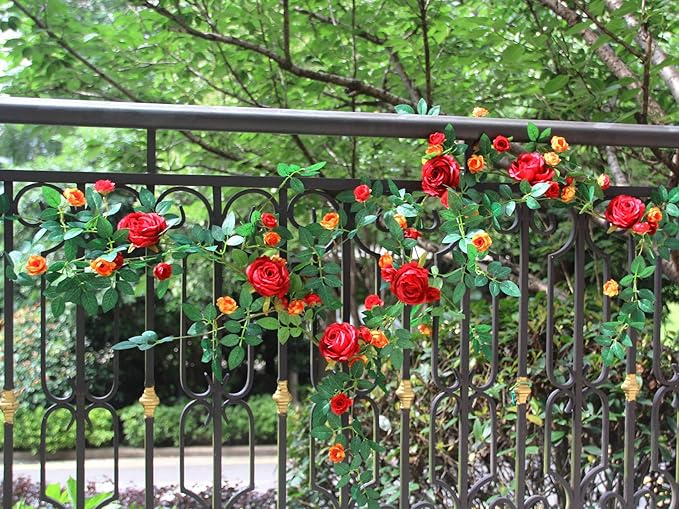 6FT Bendable Flower Garland, Artificial Rose Vine Hanging Floral Garland Decoration for Weding Home Room Wall Decor (Red, 1pcs)