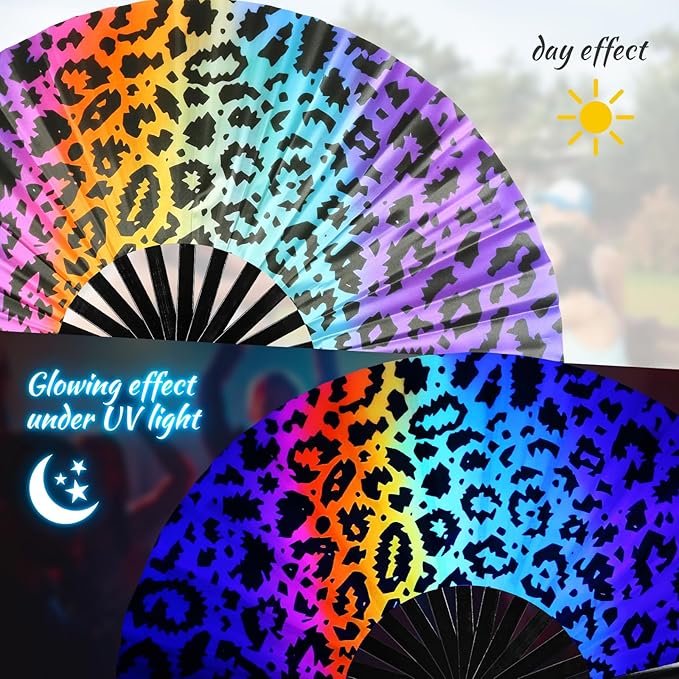 SYNTECSO Folding Hand Fan for Rave, Popping Fan for Line Dancing, Drag Queen, Women and Men Gift，Chinese Japanese UV Glow Clack Fan for Parties, Music Festivals, EDM and Decoration