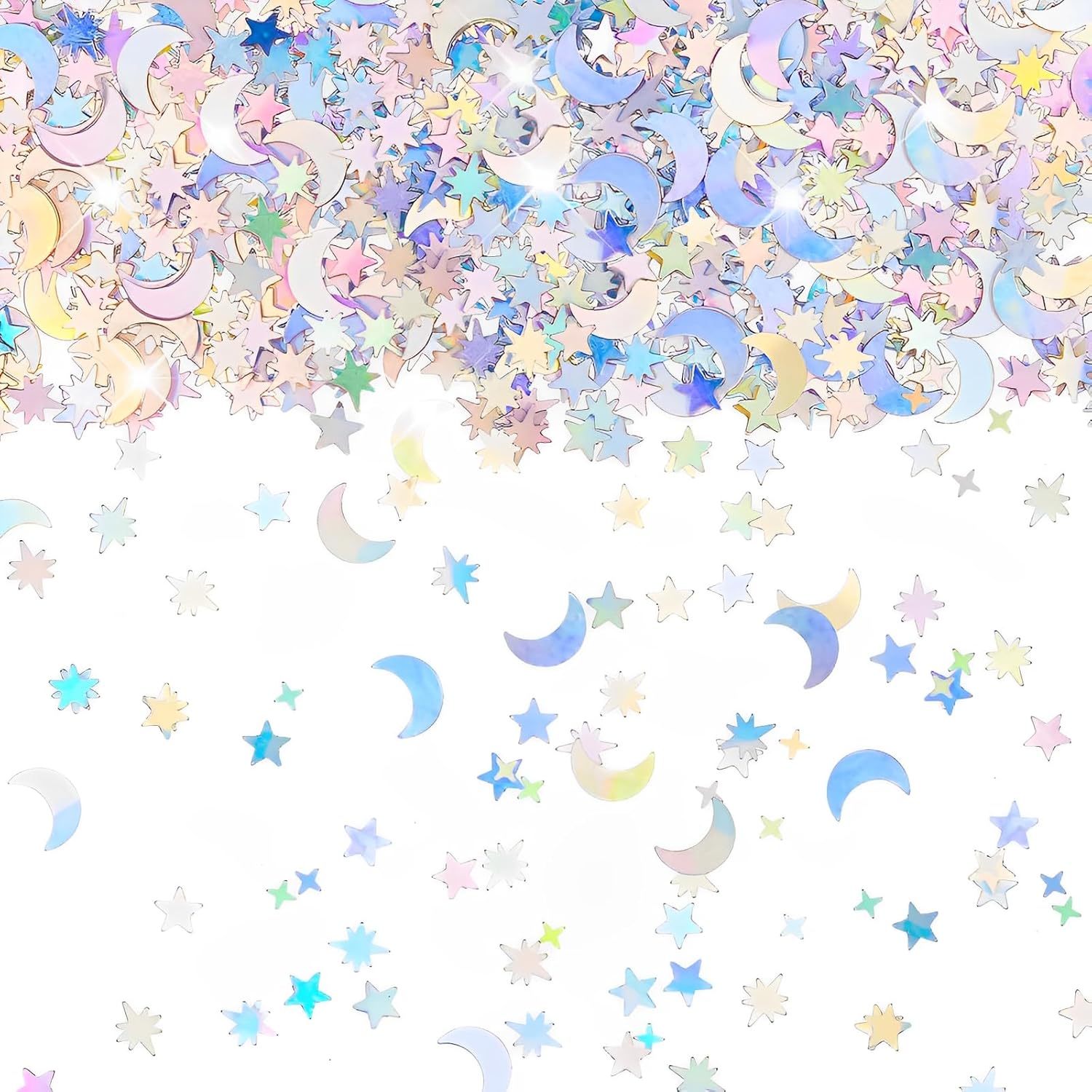 4000 Pcs Star Confetti, Glitter Confetti, Holographic Metallic Star Glitter, Holographic Moon for Party Decorations, Wedding, Birthday, Festival, DIY, Unicorn Theme, Silver, 10mm