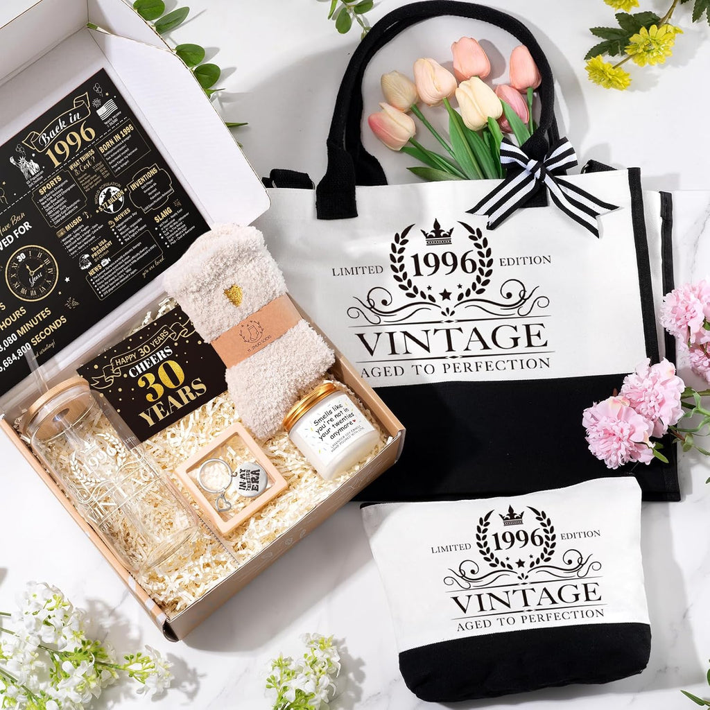 iAOVUEBY 30th Birthday Gifts for Women, Cool Gifts for 30 Year Old Woman, Thirty Birthday Canvas Tote Bag Tumbler Candle Gift Basket Ideas Daughter Mom Sister Friend Wife Coworkers