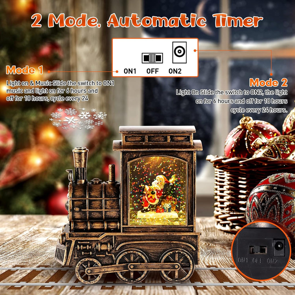FUSPWEAO Vintage Musical Christmas Snow Globe Lantern with Snowflake Projection, Lighted Christmas Train Snow Globe with Santa, Water Swirling Glitter and 6H Timer, Xmas Gift