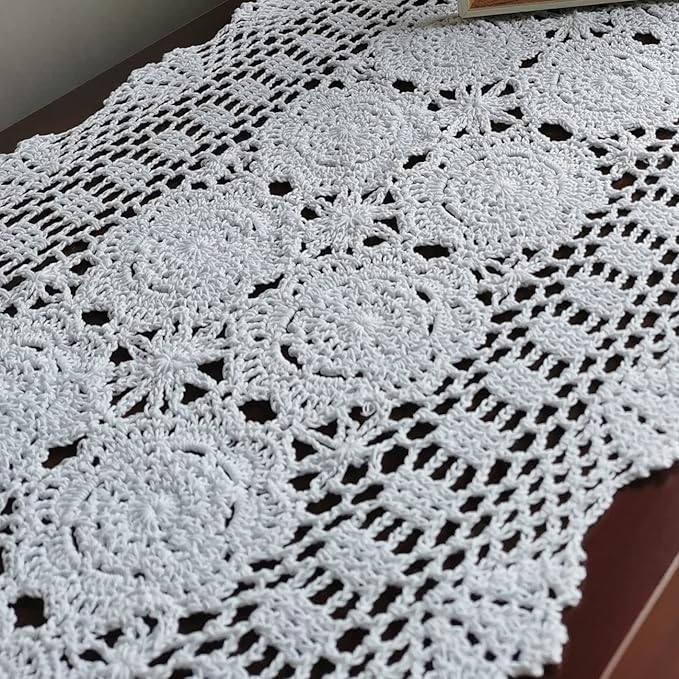 Phantomon Lace Table Runner Rectangular Table Cover Cloth Handmade Crochet Floral Placemats 100% Cotton (Floral White, 15x39Inch)