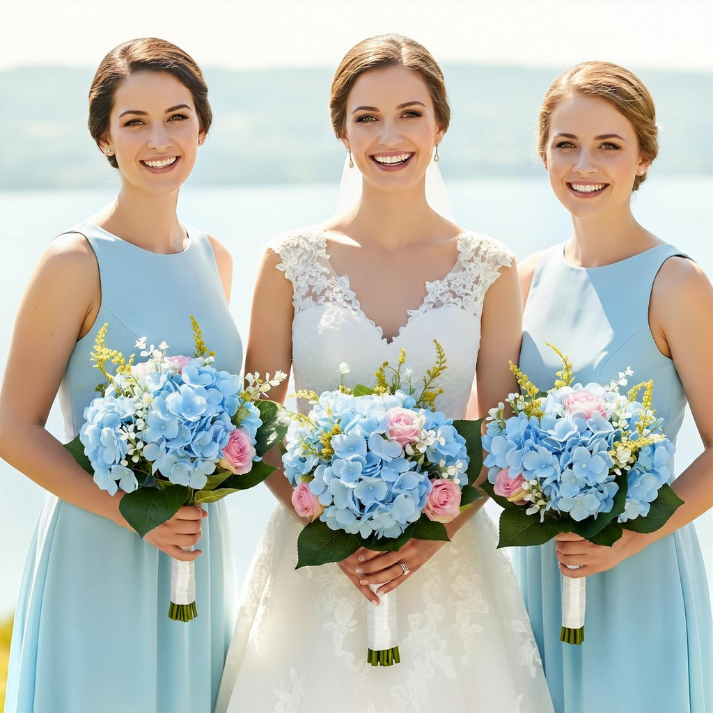 auihiay 64pcs blue hydrangea artificial flowers, silk hydrangeas shown in use