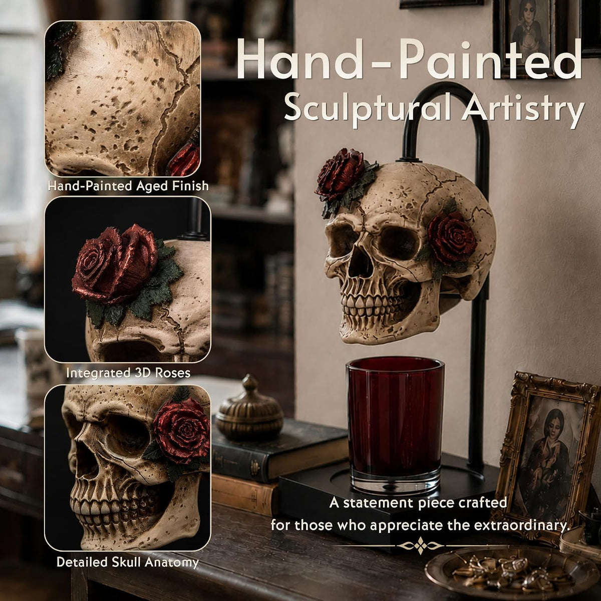 Skull Rose Candle Warmer Lamp, Hand-Painted Gothic Decor