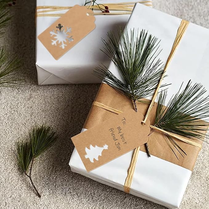 jijAcraft Christmas Gift Tags - 150Pcs Christmas Tags with String, Blank Kraft Paper Hollow Trees, Rudolph, Snowflake Shapes Holiday Labels for Xmas Party Favors, DIY Crafts, Jar