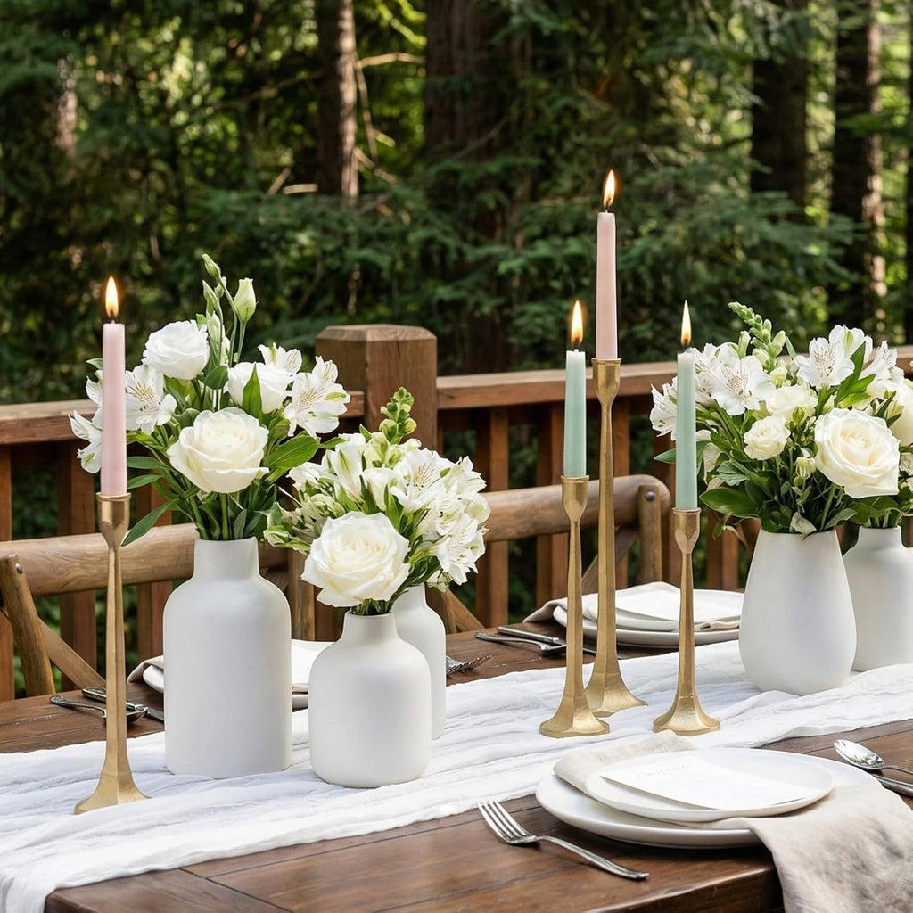 Gold Iron Taper Pillar Candle Holders Set of 3, Candlestick Holders Rustic Vintage Decorations, Tall Candle Stand for Home Decor Mantle Dining Coffee Table Outdoor Wedding-11.8"+13.8"+15.4"