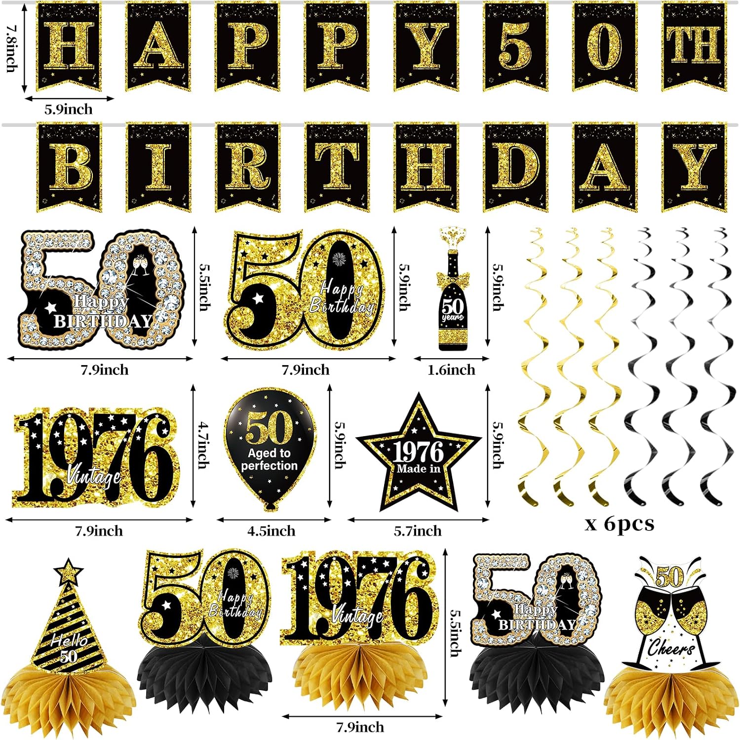 Zirtorei 50th Birthday Decorations for Men Women, 21pcs the Year 1976 Banner Balloon Party Supplies, Black Gold 50 Year Old Birthday Backdrop, 50 Bday Honeycomb Centerpiece Hanging Swirls Sash Gifts