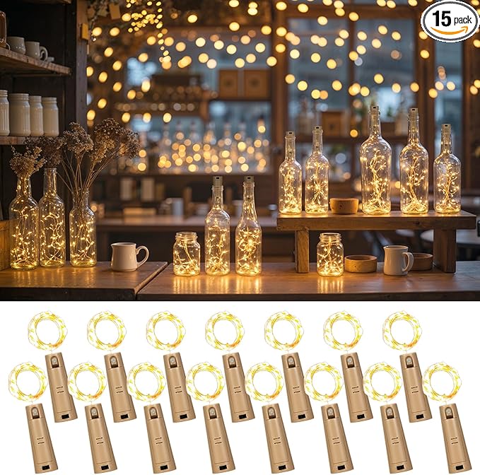 Dual Battery Pack LED Bottle Lights, 6.6ft 20led Double The Lighting Time, for Indoor and Outdoor use, for Christmas,(15 Pack, Warm White（Dual Battery Pack）)