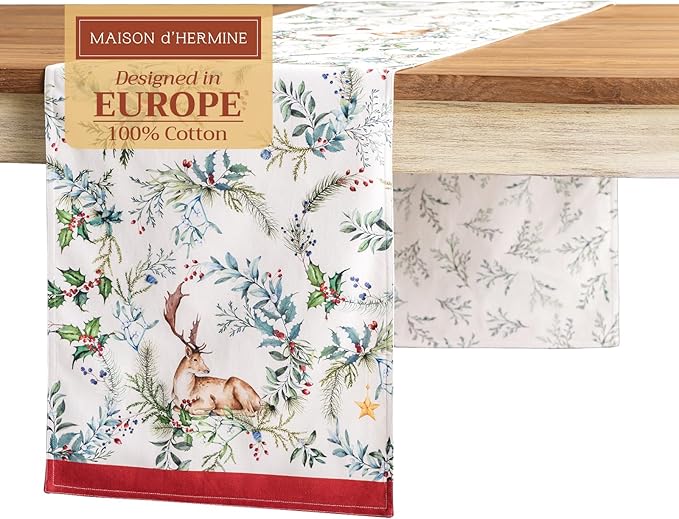 Maison d' Hermine Table Runner 100% Cotton Double Layer Table Runners 72 inches Long for Thanksgiving Christmas Decorations Home Kitchen Dining Party Wedding (Holly Time, 14.5" x 72")