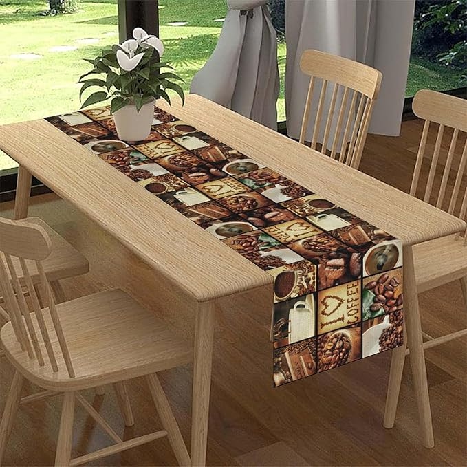 Coffee Theme Table Runner, Retro Farmhouse Coffee Cup Latte Cappuccino Tea Party Cafe Table Center Decor for Home Kitchen Dining Patio Holiday Party Indoor Outdoor Table Decorations,13"x108" Inch
