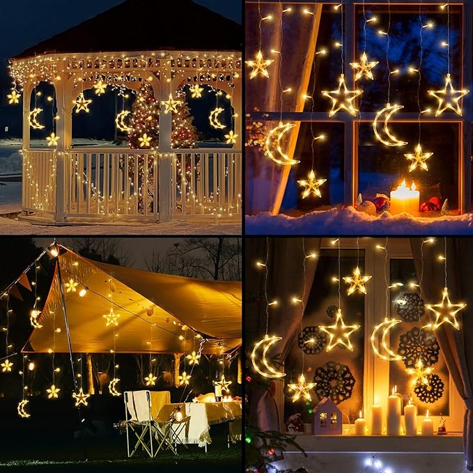 PUHONG Christmas Lights, 11.48FT Curtain String Lights with 8 Light Modes, Star Moon Indoor Outdoor Fairytale String Lights for Bedroom, Window, Wall, Home, Ramadan, Christmas Decoration - Warm White