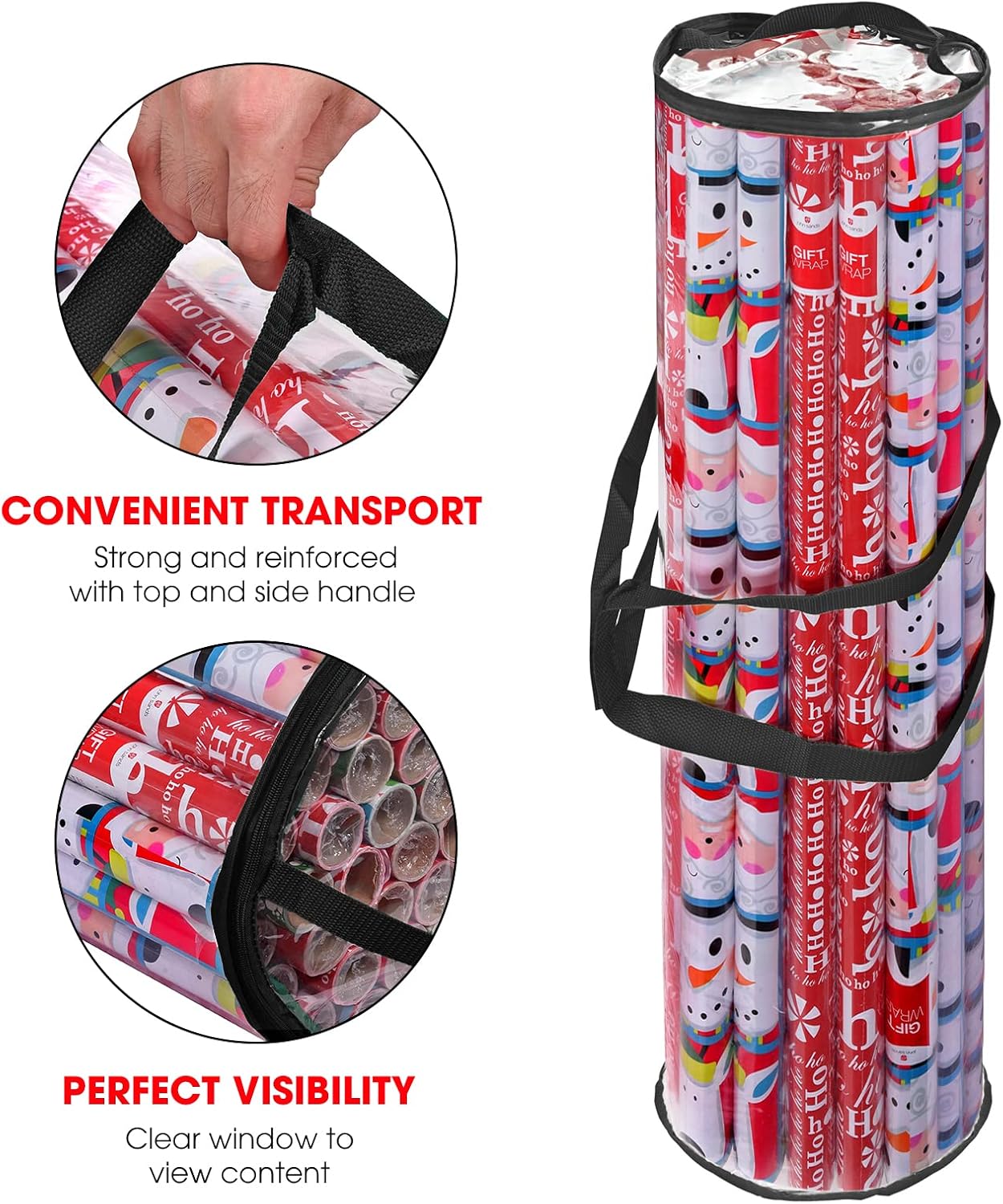 Wrapping Paper Storage Bag, Gift Wrap Organizer, Fits 40 Inch Long Rolls, Hold Up to 24 Rolls, Heavy Duty Clear PVC Bag with Top and Side Handles (Black)