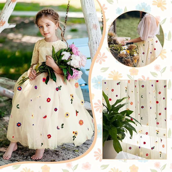 BINBE 3pcs Champagne Daisy Fall Table Runner Embroidery Gauze 10FT Florals Seasonal Tulle Holiday Birthday Kitchen Dining Table Decor for Home Party