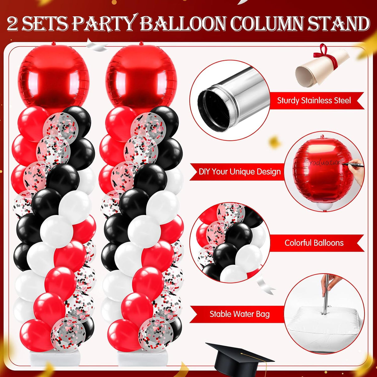 2 Sets Red Black and White Balloon Column Stand Kit, Adjustable Floor Balloon...