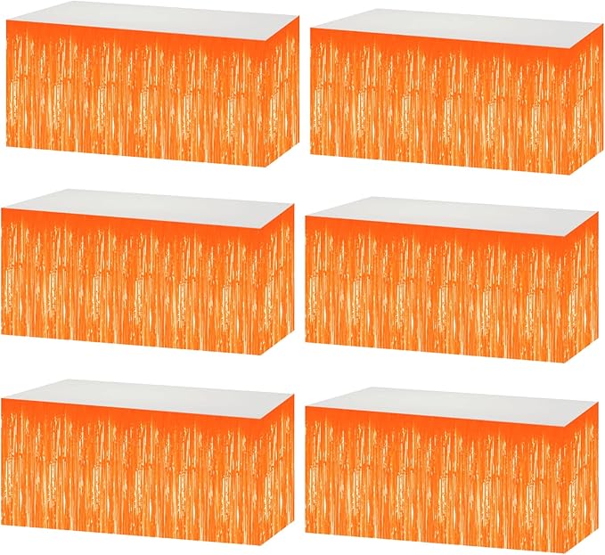 6 Pack 29x108 Inch Metallic Foil Fringe Tinsel Table Skirts Banner for Rectangle Tables Streamer Garland Curtains Backdrop for Wedding, Birthday, Parade Floats, Christmas Party Decoration(Orange)
