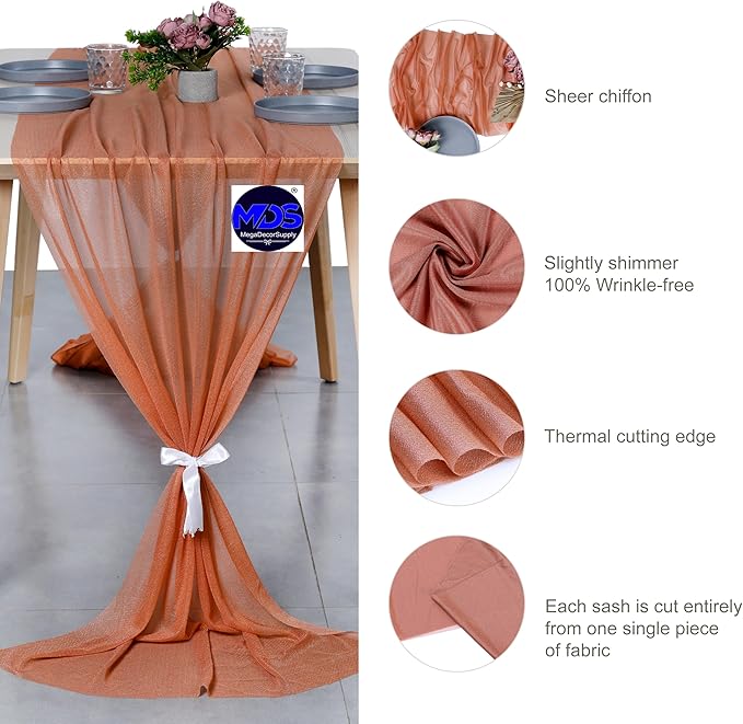 MDS 2 Pack 10ft Chiffon Table Runner 29 x 120 Inches Sheer Wedding Runner Romantic Rustic Table Runner for Wedding Decorations, Birthday Parties, Bridal Shower Party Arch Decor - Coral Peach