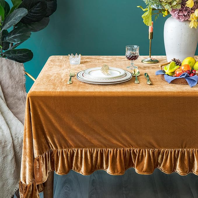 Velvet Tablecloth Luxurious Solid Rectangle Table Cloth,Oblong Retro Farmhouse Ruffle Tablecloths Washable Table Cover for Party Wedding Baby Shower Kitchen Dinning Tabletop Decoration