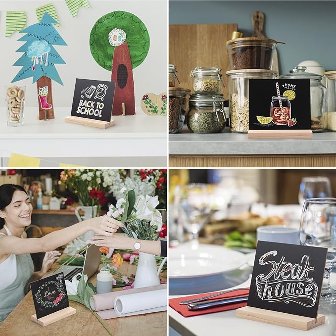 ONUPGO Chalkboard Signs with Wood Base Stands, 10X12cm Vintage Wooden Tabletop Decorative Chalkboard Sign, Message Chalkboard Sign for Party, Restaurant, Wedding, Set of 6