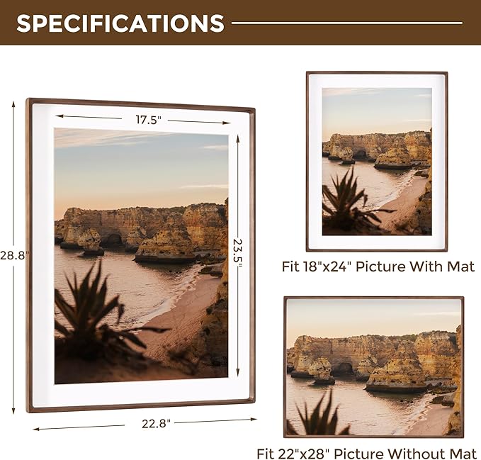 22x28 Frame with Mat to 18x24 Picture Frames USA-Sourced Natural Solid Walnut Wood Handcrafted Rounded Corner Display with Real Glass Family Picture, Wedding Photo