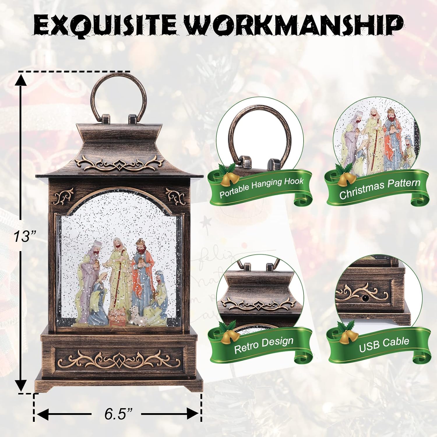 Christmas Snow Globes Musical Lantern Snow Globe Nativity Scene Water Snow Globe Glittering Portable Hanging Tabletop Decorative Lantern Christmas Home Décor and Gift