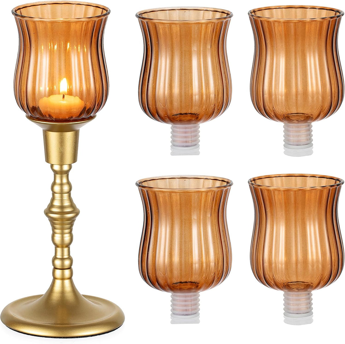 Glasseam Amber Tea Candle Holders 5Pcs Glass Votive Cup with Peg for Taper