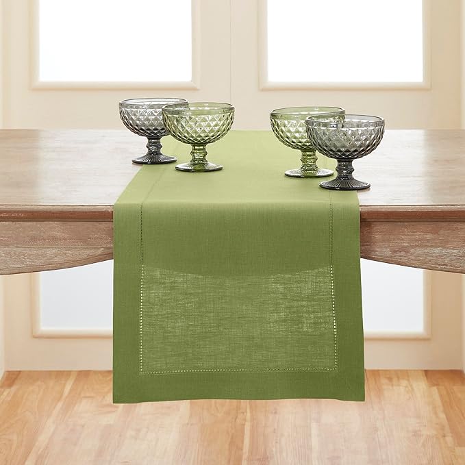 Solino Home Linen Moss Green Table Runner 72 Inches Long - 100% Pure Linen Hemstitch Table Runner 14 x 72 Inch for Dresser, Dining, Fall, Autumn, Halloween, Thanksgiving - Classic Hemstitch