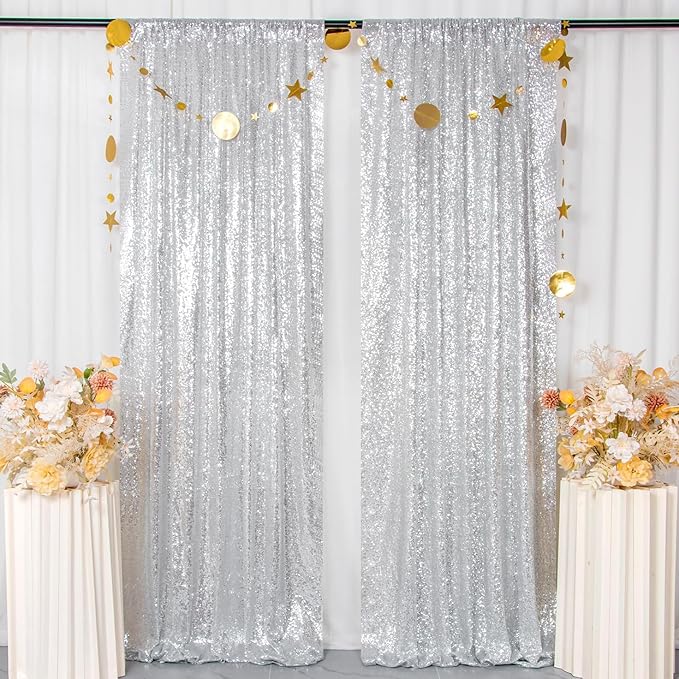 ShinyBeauty Sequin Curtains 4 Panels Silver Sequin Backdrop Photograph Backdrops Shimmer Background for Birthday Party New Year Decor Sparkle Fabric Gray Curtain (2FTx8FT)