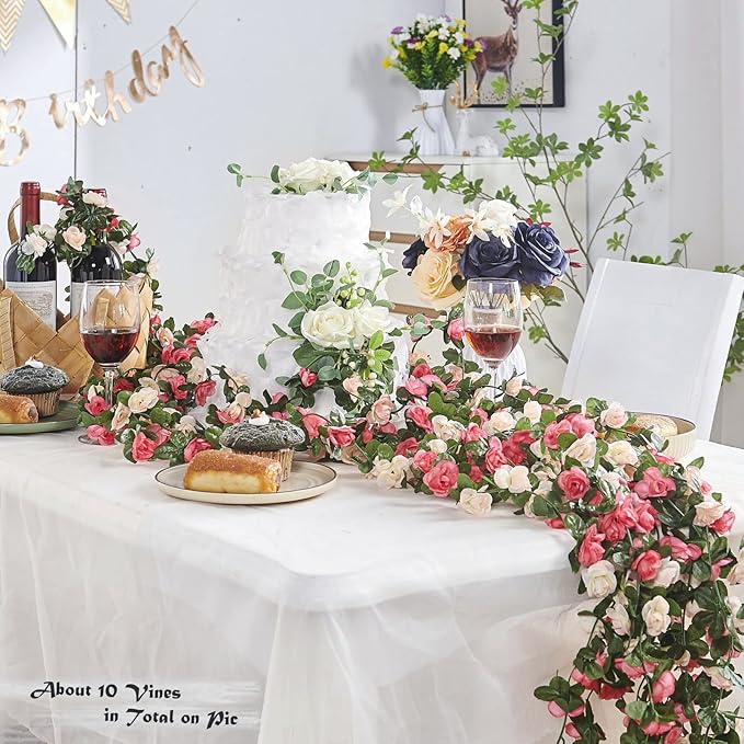 8 Pcs x 8.2 ft Flower Garland Artificial Rose Vine Flowers with Green Leaves Hanging Fake Roses Vine for Room Party Home Wedding Birthday Christmas Wall Arch Decor, Spring Pink Flower